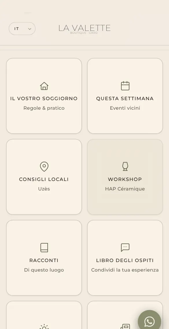 La guida per gli ospiti su un telefono: riquadri per il soggiorno, la settimana, il meteo, consigli locali e altro