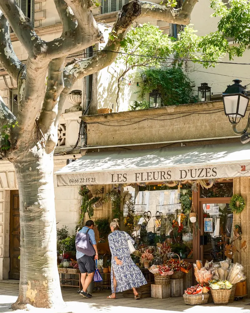 Two visitors looking at the flowers outside a florist in Uzès, under a plane tree with peeling bark