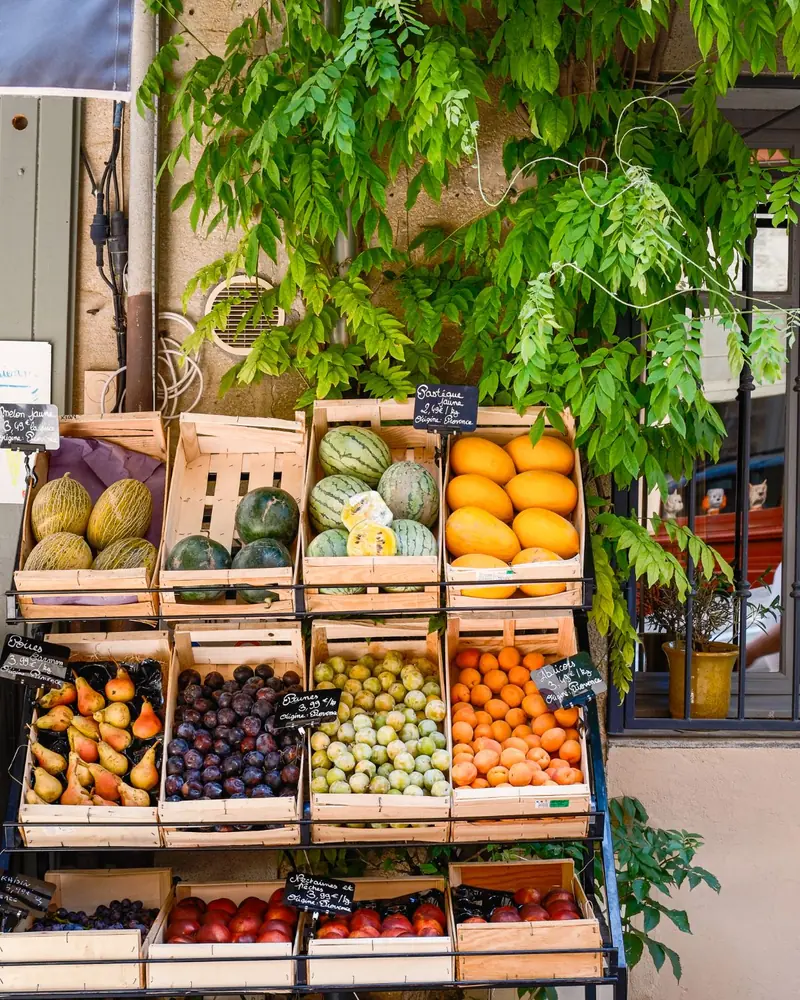 Wooden crates of melons, pears, plums and apricots under climbing greenery, with chalkboard labels reading Provence